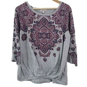 Soleillee Boho Gray Paisley Twisted Hem Top Size XL Pullover Embellish